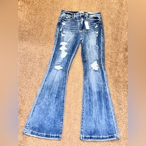 Stylish Distressed Blue Flare Jeans